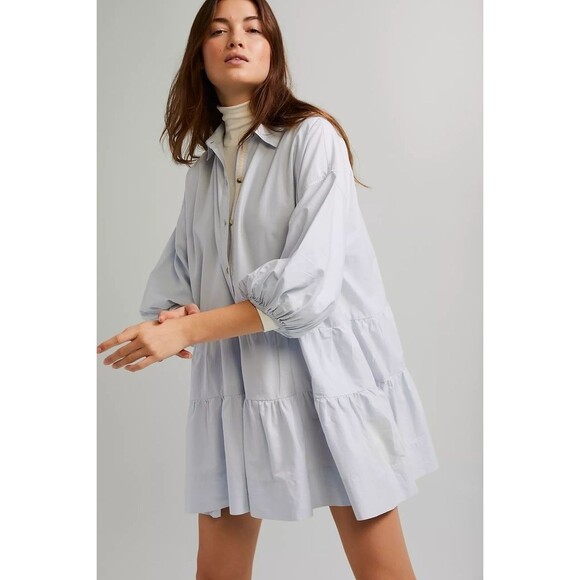Free People Dresses & Skirts - Free People Free-est Misha Mini Dress Cotton Tiered Puff Sleeve Blue L 283405